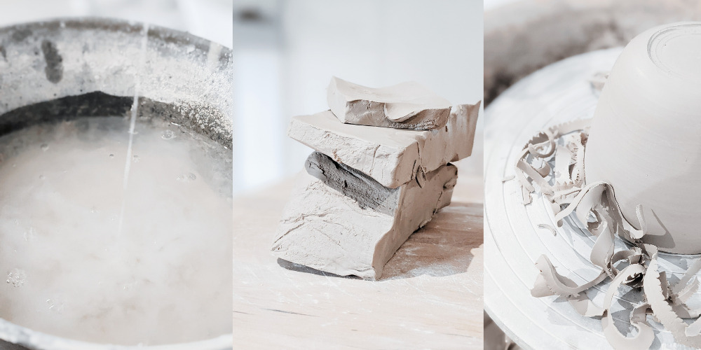 Triptyque bassine eau, argile blanche, bol tournasé grès blanc, ateliers et stages les mouvantes céramique